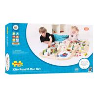 Bigjigs houten treinbaan en autobaan set, 105dlg.