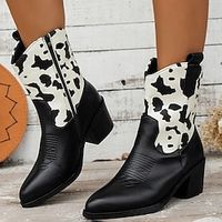 Zwart-witte damescowboylaarzen met stiksels en dikke hak voor dames Lightinthebox