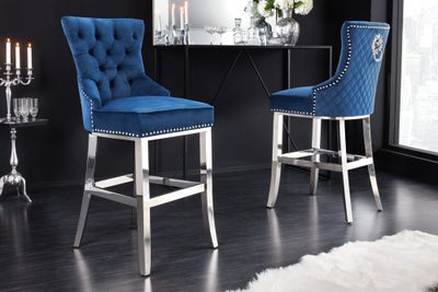 Design barkruk CASTLE DELUXE koningsblauw fluweel zilver roestvrij staal Chesterfield - 43214