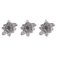 4x stuks decoratie bloemen roos zilver glitter met blad op clip 15 cm