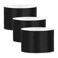 Partydeco Cadeaulint - 3x - zwart - 5 cm x 25 meter - satijn - sierlint - inpakken - decoratie