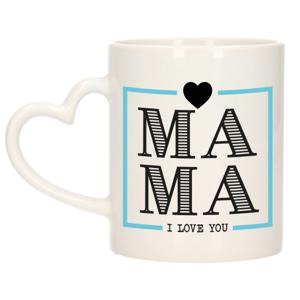 Cadeau koffie/thee mok voor mama - wit/blauw - ik hou van jou - hartjes oor - Moederdag