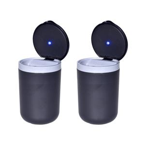 Auto asbak - 2x - led licht - met deksel - kunststof - zwart - 11 x 7 cm