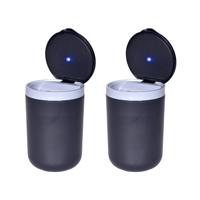 Auto asbak - 2x - led licht - met deksel - kunststof - zwart - 11 x 7 cm