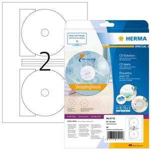 Herma 5115 CD-etiketten Ø 116 mm Papier Wit 50 stuk(s) Permanent hechtend Inkjet, Laser (zwart/wit), Laser (kleur), Kopiëren (zwart/wit), Kopiëren (kleur),