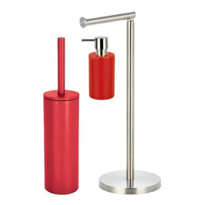 Badkamer accessoires set - WC-borstel/zeeppompje/rollenhouder - metaal/porselein - rood