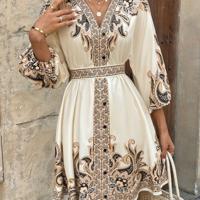 Bon&Bon Apricot Paisley V-Neck A-Line Dress with Lantern Sleeves Apricot / XL