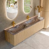 Badmeubel Mondiaz Kurve-Dlux | 175 cm | Meubelkleur Oak | Wastafelkleur Sombra | Solid surface | Dubbel / Links spoelbak | 2 kraangaten