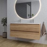Saniclass Chaci Badkamermeubelset - 120x46x55cm - keramische wastafel wit - 2 ovale wasbakken - 2 kraangaten - 2 lades - ronde spiegel met verlichting - eiken SW1212781/SW718719/SW161923
