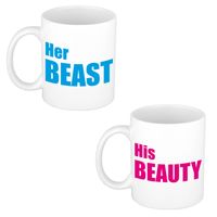 Her beast en his beauty cadeau mok / beker wit met blauwe / roze blokletters 300 ml - feest mokken - thumbnail