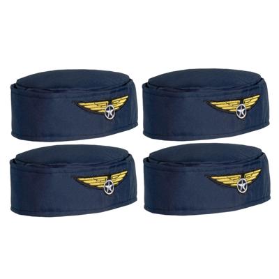 Carnaval verkleed Stewardessen hoedje - 4x - blauw/goud - voor dames - Luchtvaart thema