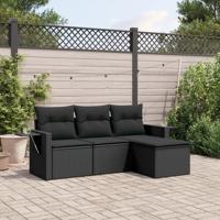 4-delige Loungeset met kussens poly rattan zwart