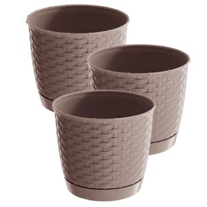 3x stuks ronde gevlochten plantenpotten/bloempotten kunststof dia 22 cm en hoogte 19.5 cm taupe