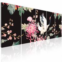 Schilderij - Vogel en bloemen  , zwart multikleur , 5 luik - thumbnail