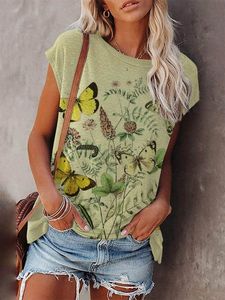 Butterfly Short Sleeve Printed Cotton-blend Crew Neck Holiday Summer Yellow Top