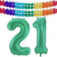 Folat Verjaardag Leeftijd folieballon - 21 jaar - groen - 86 cm - incl 2x slingers