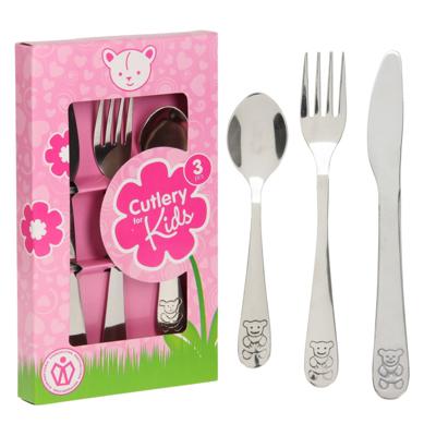 Kinder Bestekset Beer - 2x - roze doosje - kraamcadeau - 3-delig - zilver - RVS - bestek voor kinder