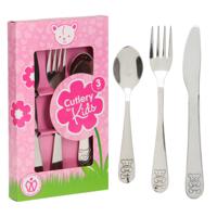 Kinder Bestekset Beer - 2x - roze doosje - kraamcadeau - 3-delig - zilver - RVS - bestek voor kinder