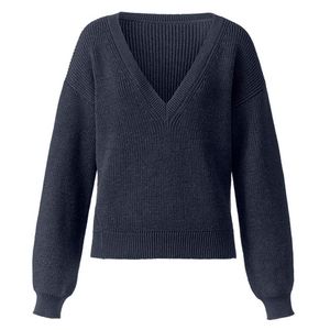 Pullover met V-hals van bio-merinowol en bio-katoen, nachtblauw Maat: 36