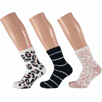 3-Pak dames fluffy bedsokken/huissokken animal/stripe maat 36-41