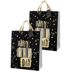 Set van 4x stuks papieren verjaardag giftbags/cadeau tasjes Happy Birthday zwart 25 x 32 x 12 cm   -