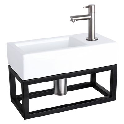 Differnz Ravo fonteinset - 38.5x18.5x25cm - Rechthoek - 1 kraangat - Recht matte chromen kraan - met zwart frame - Keramiek Wit 38.401.83