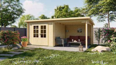Tuindeco Chappo Blokhut 300x300 cm + luifel 298 cm 28 mm vuren blank- Lessenaarsdak- Onbehandeld vurenhout- Tuindeco