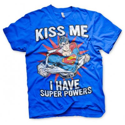 Superman heren fun blauw T-shirt Kiss me I have Superpowers