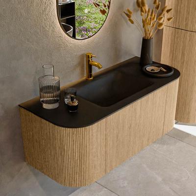 Mondiaz KURVE 110 cm Onderkast Greeploos 1 Lade Met Deuren Oak, Wastafel Solid Surface Midden Urban 1 Kraangat Zonder Spiegel (KRVCLO110L+R1L2D1KM-Oak/Urb)