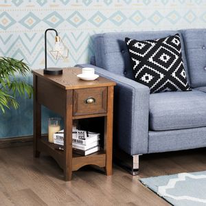 Bijzettafel met Lade en Plank 2 Verdiepingen Tellende Sofatafel Smal Nachtkastje Koffietafel voor Woonkamer Slaapkamer 56 x 33 x 58,5 cm