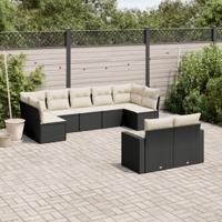 9-delige Loungeset met kussens poly rattan zwart