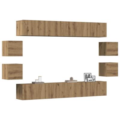 8-delig Tv-meubelset wandmontage bewerkt hout artisanaal eiken