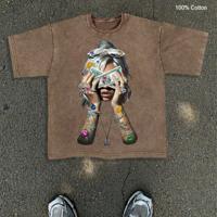 Bon&Bon Men's Graphic Printed Cotton T-Shirt - Loose Fit Blue Coffee Brown / M