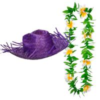 Carnaval verkleed set - Tropische Hawaii party - stro hoed met bloemenslinger - paars - thumbnail