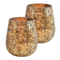 Set van 2x stuks glazen design windlicht/kaarsenhouder mozaiek champagne goud 15 x 13 cm - Waxinelichtjeshouders - thumbnail
