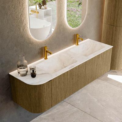 Badmeubel Mondiaz Kurve-Dlux | 155 cm cm | Meubelkleur Dusk | Wastafelkleur Frappe | Solid surface | Dubbel / Rechts spoelbak | 2 kraangaten