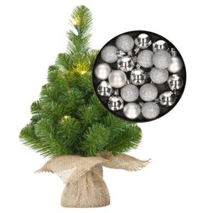 Mini kunst kerstboom - H45 cm - met verlichting en kerstballen - zilver - kunstboom