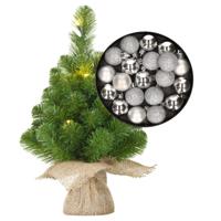 Mini kunst kerstboom - H45 cm - met verlichting en kerstballen - zilver - kunstboom - thumbnail