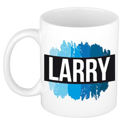 Larry naam cadeau koffie mok - beker - met blauw verfstrepen - Cadeau collega - vaderdag