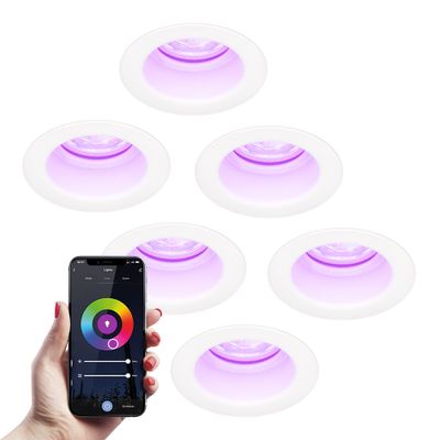 HOFTRONIC SMART 6x Mari smart LED inbouwspot verzonken - 5.5 Watt - RGBWW - WiFi+BLE - Verwisselbare GU10 - Dimbaar - voor binnen en buiten - Wit