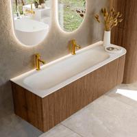 Mondiaz KURVE 145 cm Onderkast Greeploos 1 Lade Met Deuren Walnut, Wastafel Solid Surface Links Talc 2 Kraangaten Zonder Spiegel (KRVBGL145R1L1D2KL-Wal/Tal)