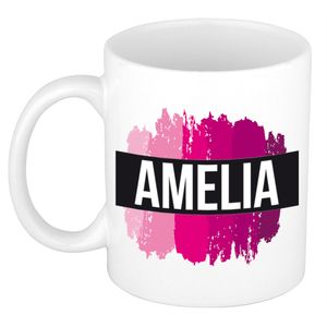 Naam cadeau mok / beker Amelia  met roze verfstrepen 300 ml   -