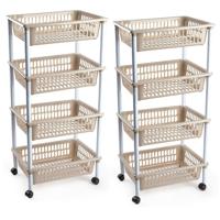 Plasticforte opberg trolley - roltafel - met 4 manden - taupe - set 2x stuks - 40 x 50 x 85 cm
