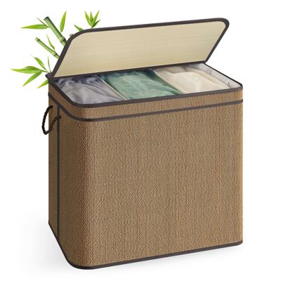 Bamboe wasmand met meerdere compartimenten en afneembare waszak, Bruin / 170 L (3 Vak)