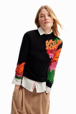 Geribd T-shirt bloemen - BLACK - S