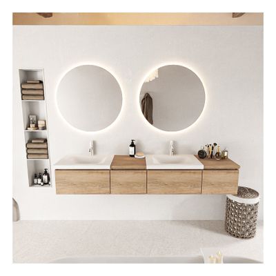 Mondiaz Bukla 200cm badmeubel met module 40 links kleur washed oak met 4 lades wastafel dubbel 2 kraangaten kleur talc