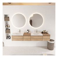 Mondiaz Bukla 200cm badmeubel met module 40 links kleur washed oak met 4 lades wastafel dubbel 2 kraangaten kleur talc
