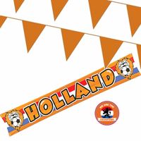 Oranje versiering buiten pakket 1x Holland banner 370x60 + 100 meter vlaggetjes   -