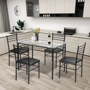 5-Delige Eettafelset Eettafel met Glasplaat Eetgroep met Gevoerde Stoel Keukentafel met 4 Stoelen Zitgroep voor Eetkamer Keuken