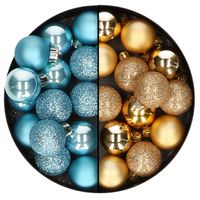 Kleine kerstballen - 28x st - goud en ijsblauw - 3 cm - kunststof - Kerstbal